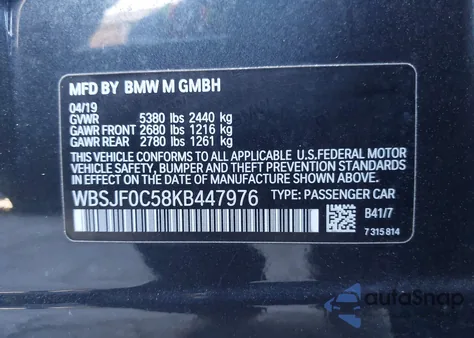 2019 BMW M5 Competition z USA, uszkodzony, nr VIN WBSJF0C58KB447976